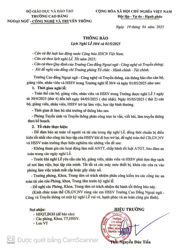 Lịch nghỉ lễ 30/04 - 01/05